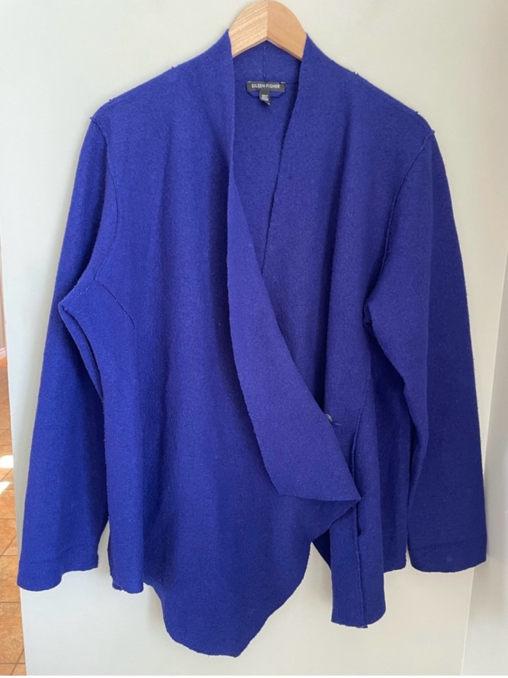 Eileen Fisher Cobalt Blue 100% Merino Wool Wrap Jacket XL Snap Front